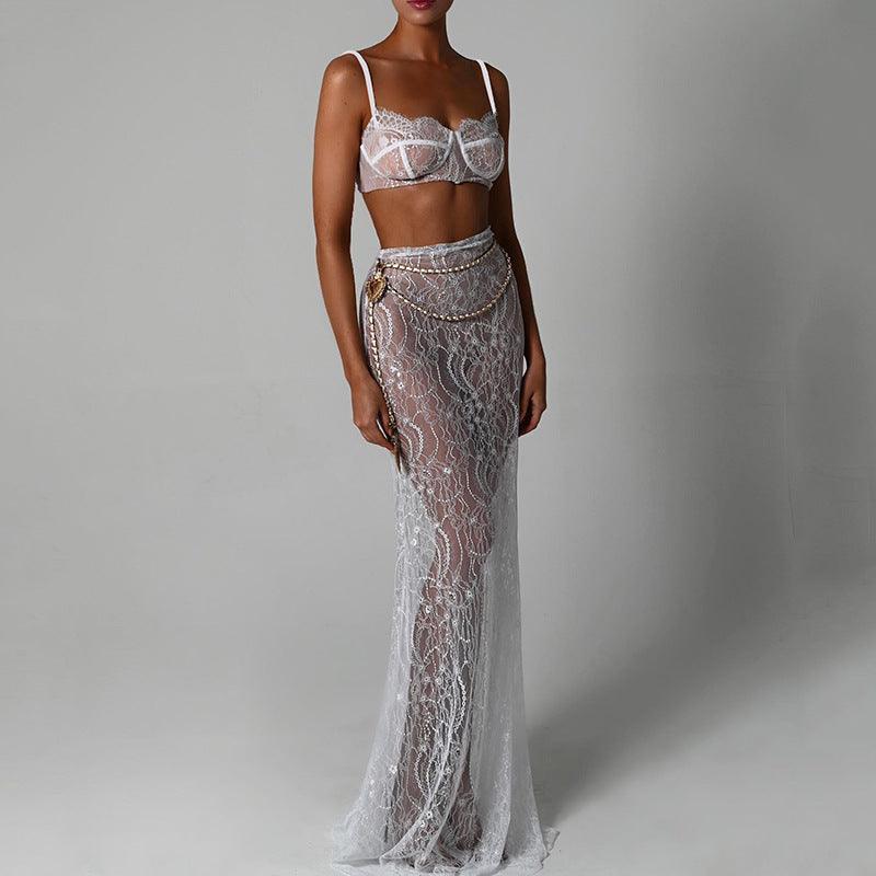 Lace bralette and sheer maxi skirt with chain detail, evening wear