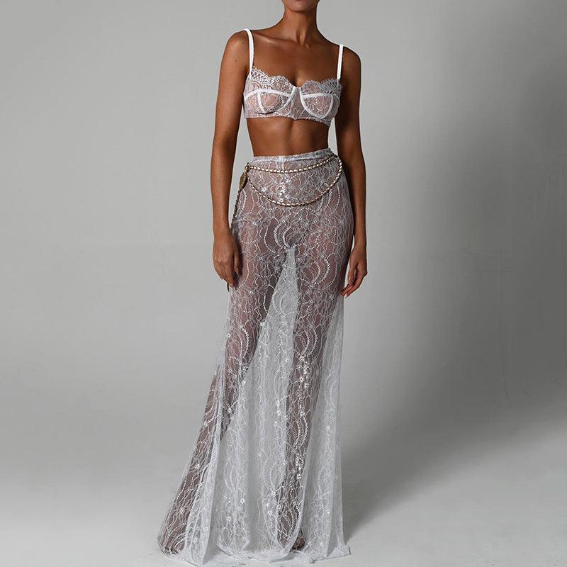 sheer lace skirt with chain belt, evening look