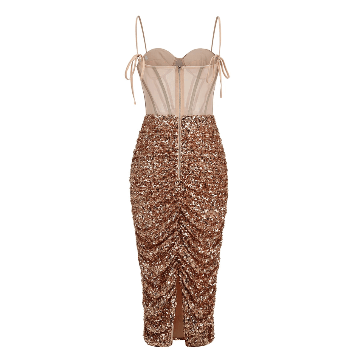 Gold sequined corset midi dress with sheer bodice and tie straps, featuring a ruched skirt and a side slit for elegance.