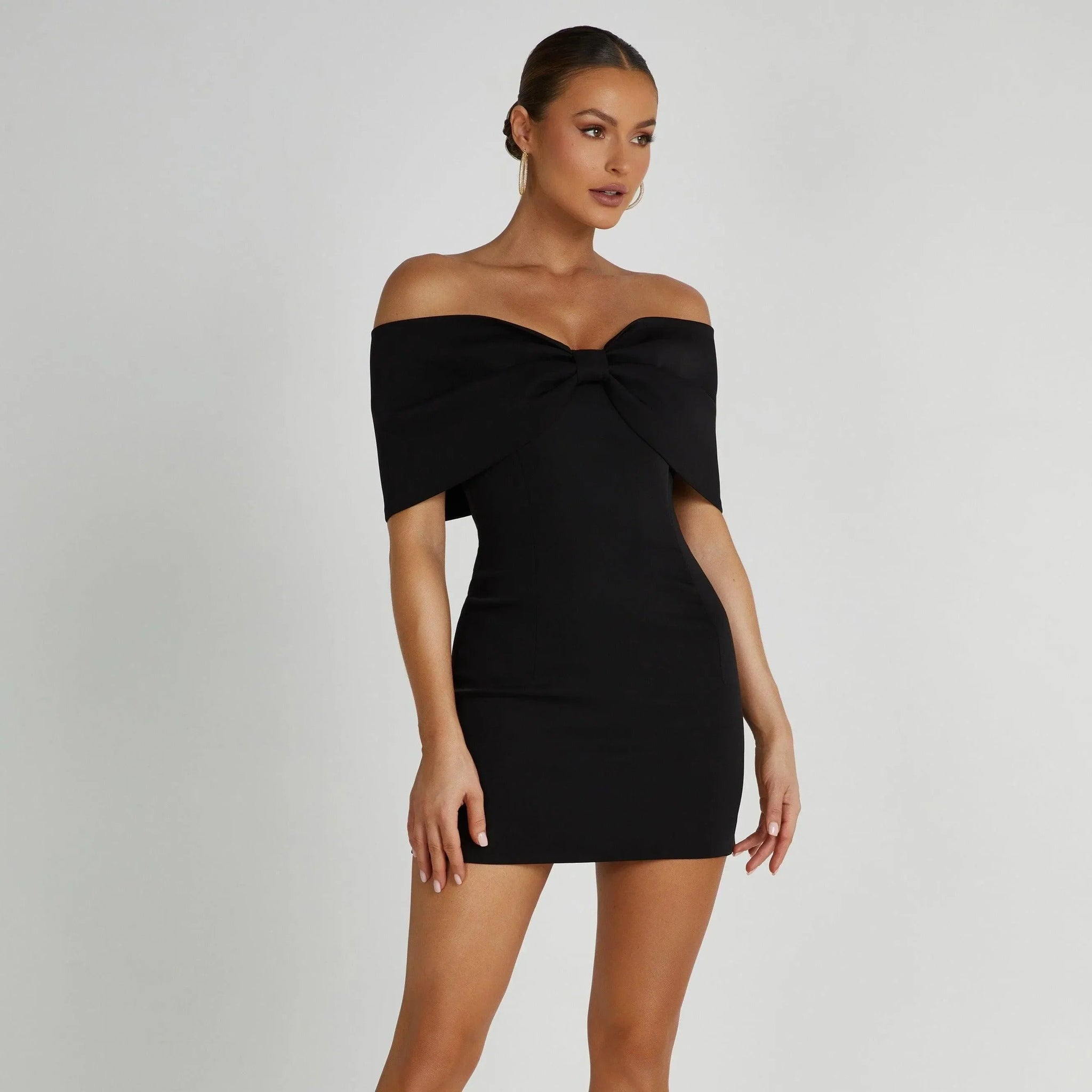 Mona Black Off Shoulder Bow Mini Dress | Mermaid Way L Mona Black Off Shoulder Bow Mini Dress | Mermaid Way L