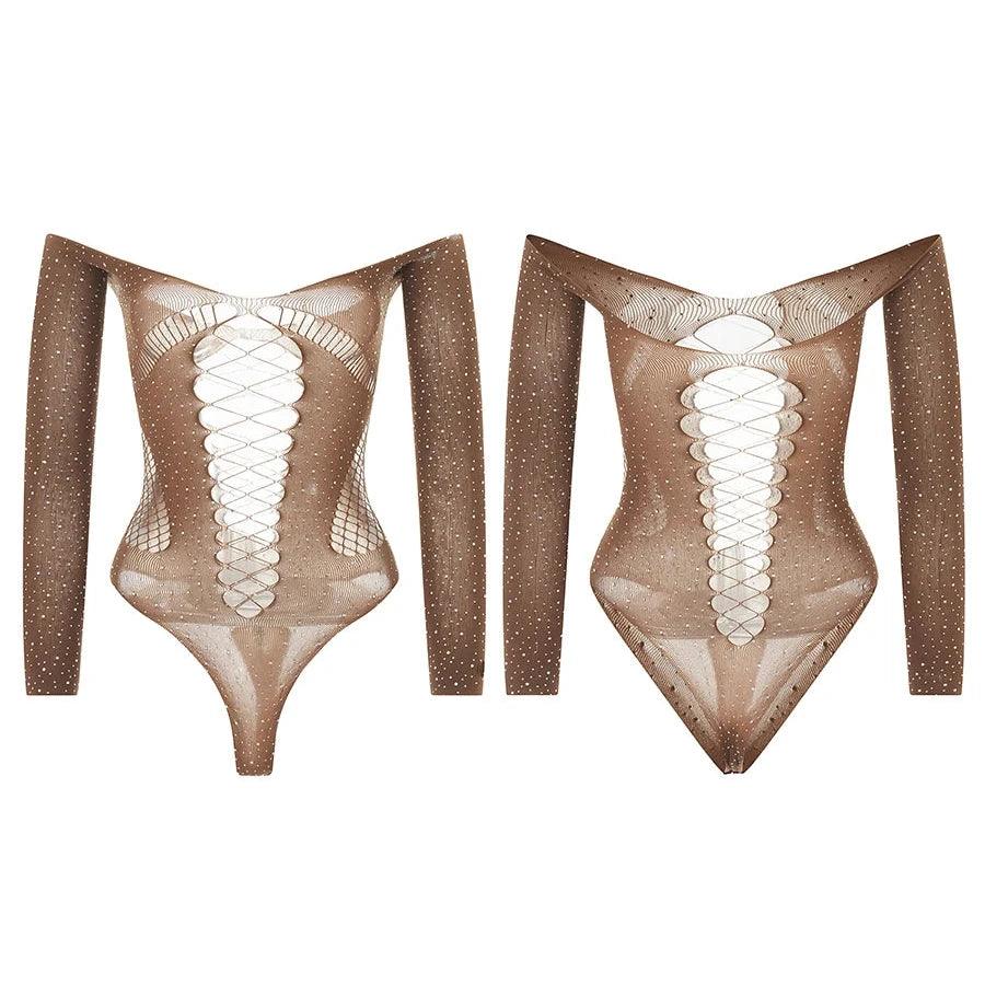 Brown rhinestone embellished bodysuit with off-shoulder long sleeves and lace-up front, perfect for a night out.