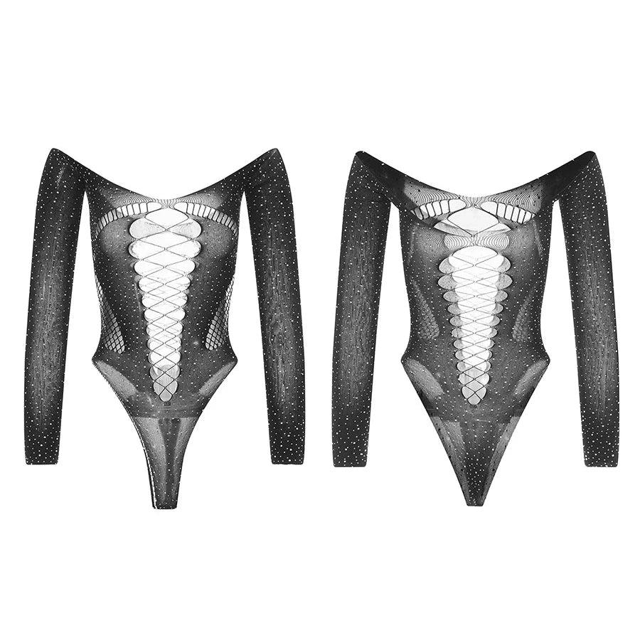Black rhinestone-embellished bodysuit with lace-up front and off-shoulder long sleeves, perfect for a night out.