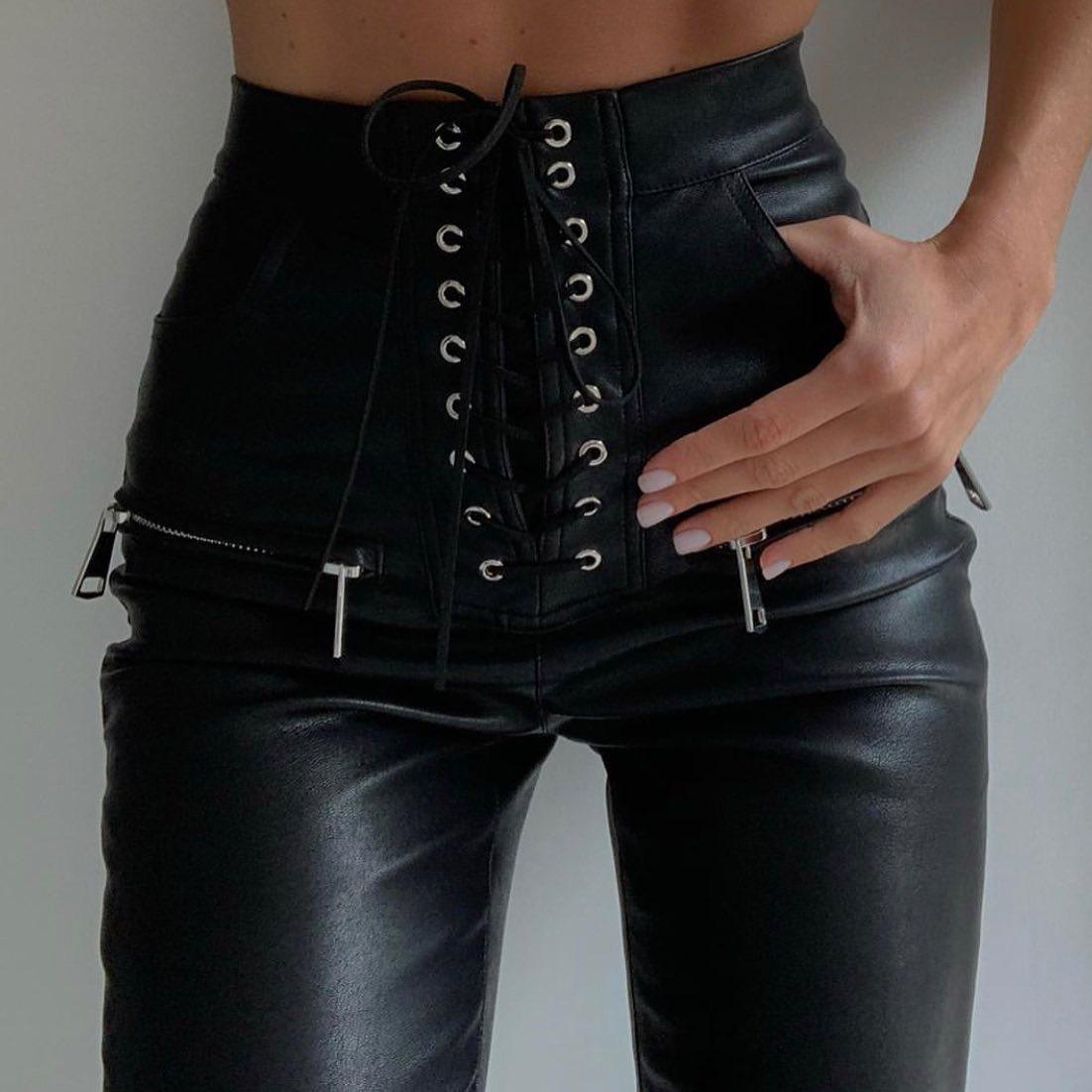 black lace-up faux leather pants with zipper details, edgy style