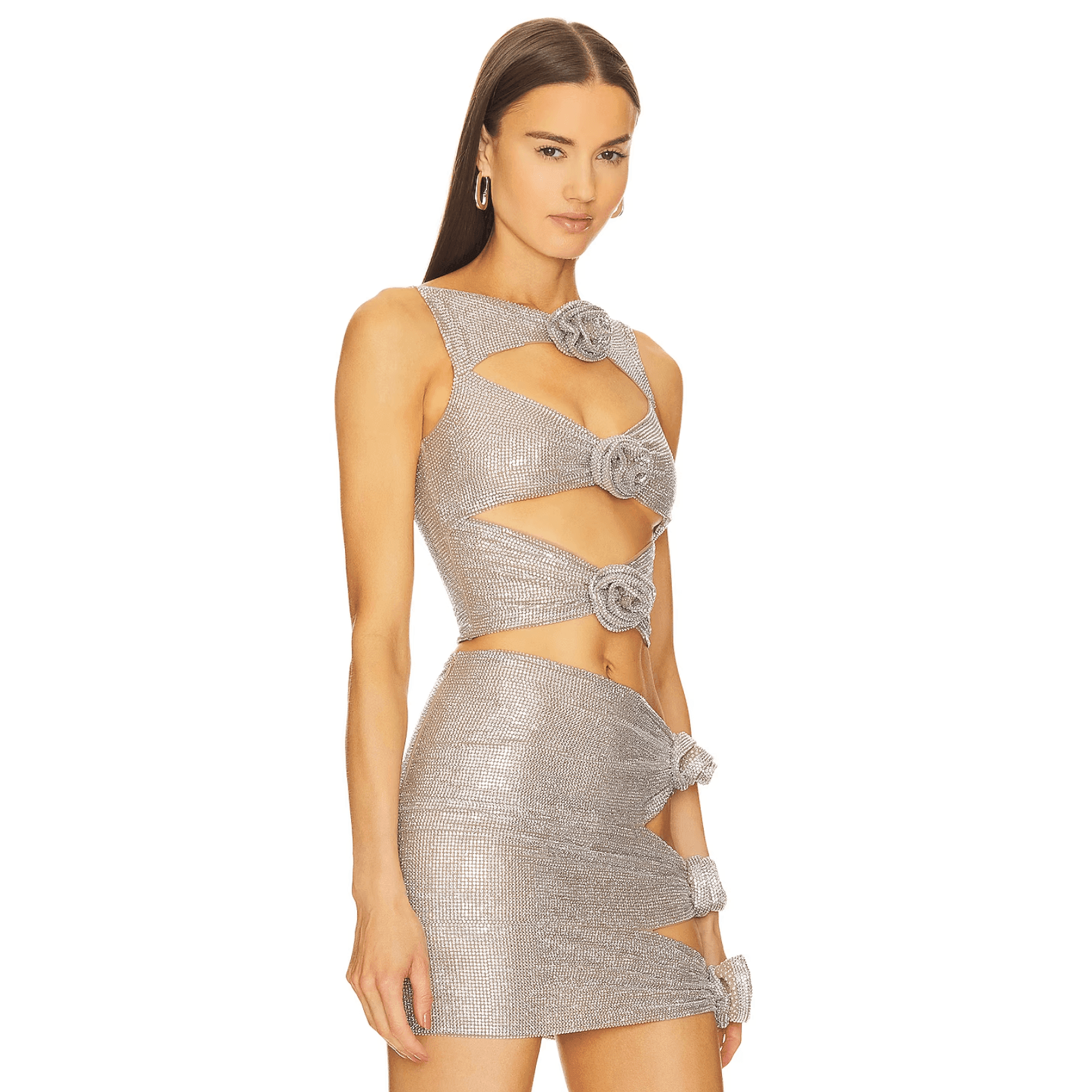 rhinestone cutout mini dress with floral appliqués, party look