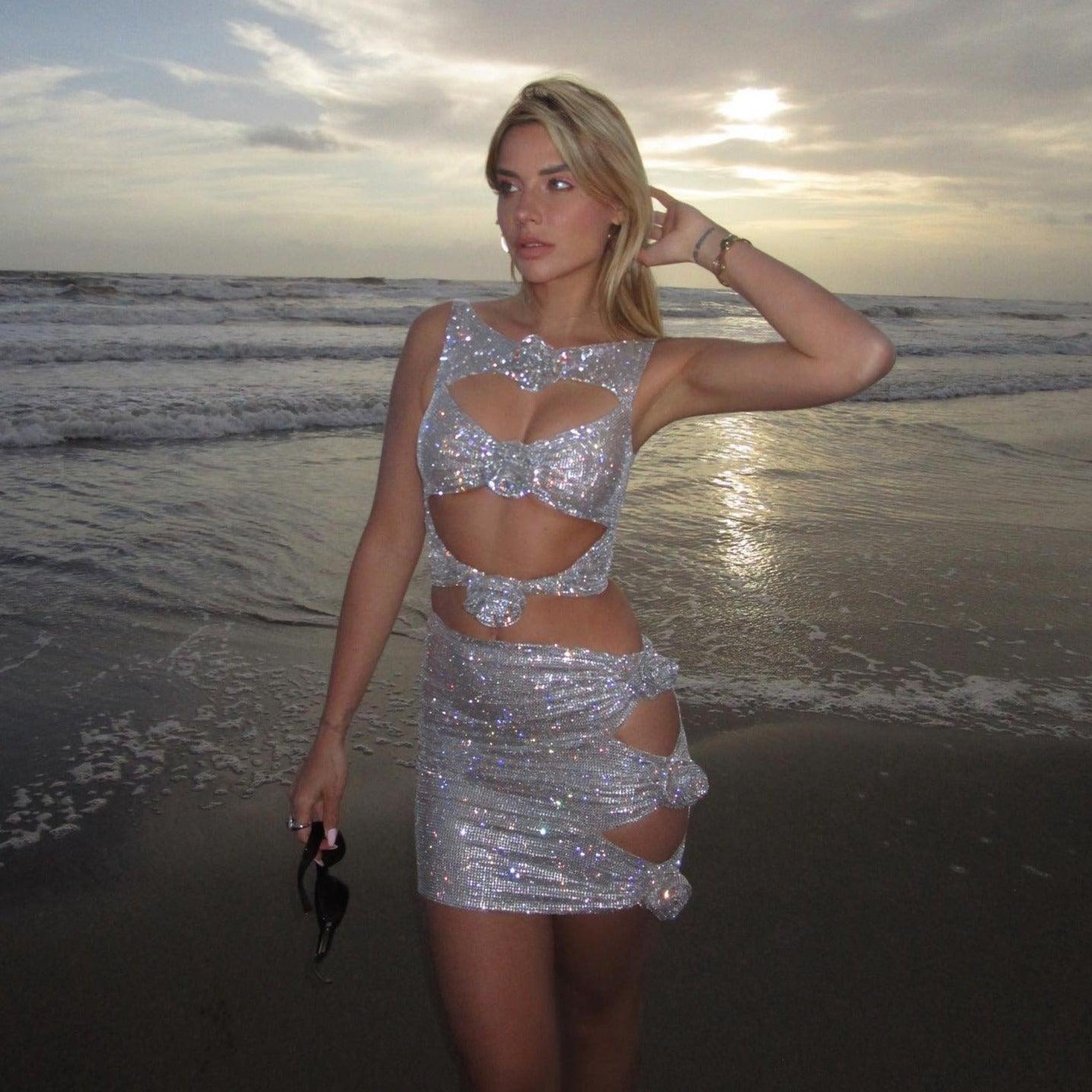 Glitter cut-out mini dress suitable for a party or night-out style.