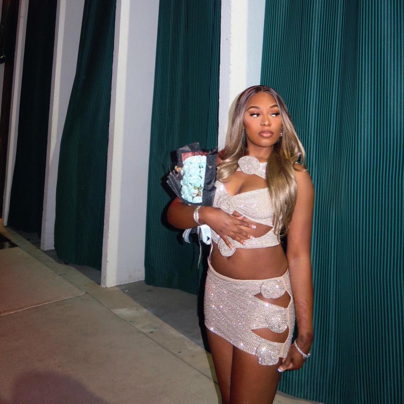 cutout glitter mini dress with rhinestones, party outfit