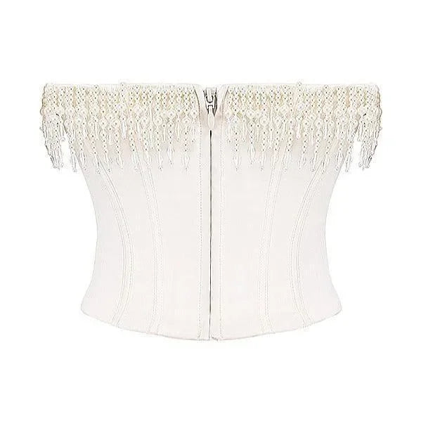 off-shoulder corset top with sequin fringe detailing, party outfit