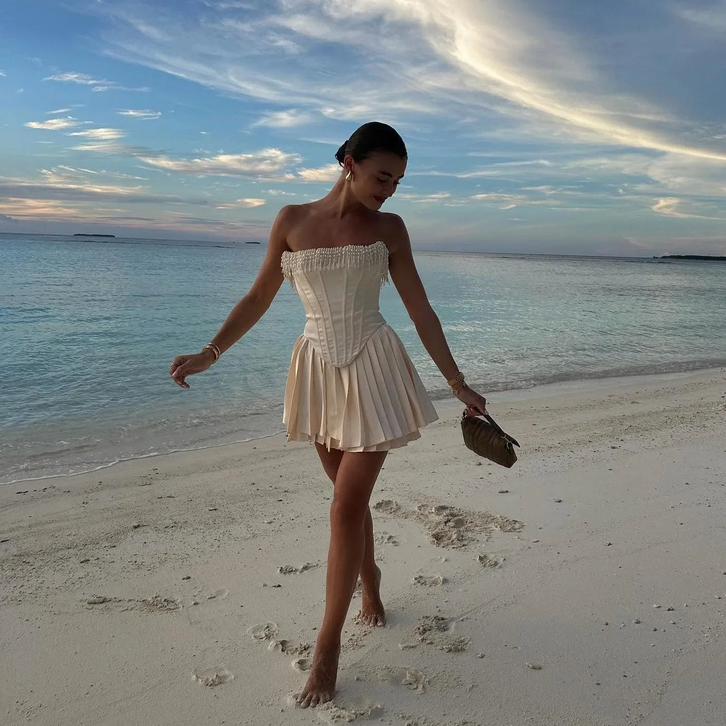strapless pleated mini dress, beach day style