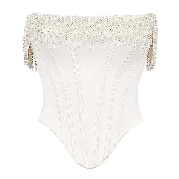 off-shoulder embellished corset top with fringe detailing, evening look