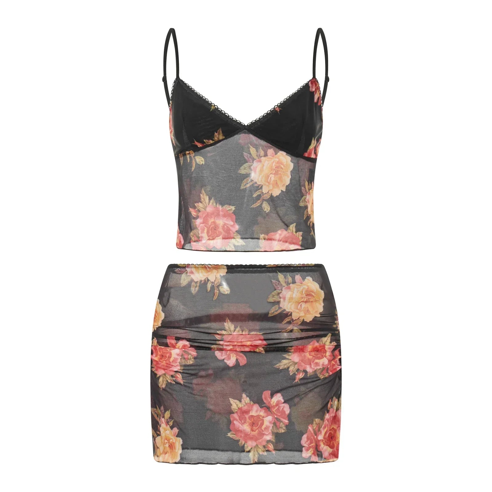floral mesh crop top and ruched mini skirt co-ord, night-out style