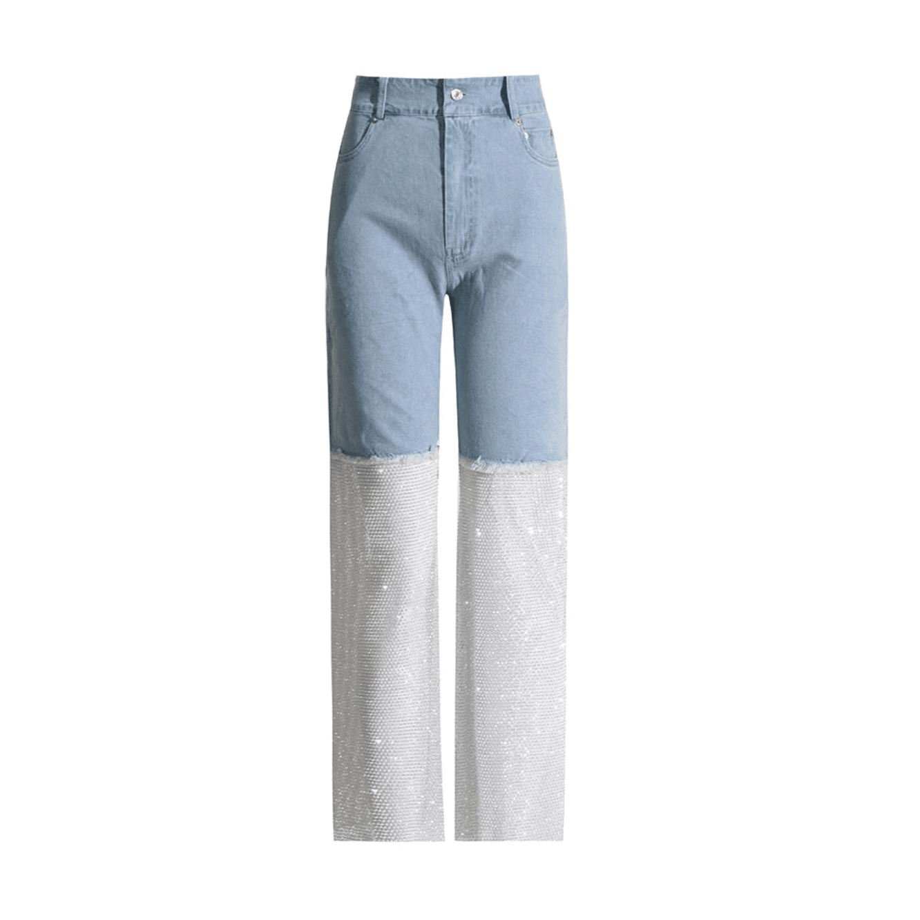 Denim and sequin panel straight-leg trousers.