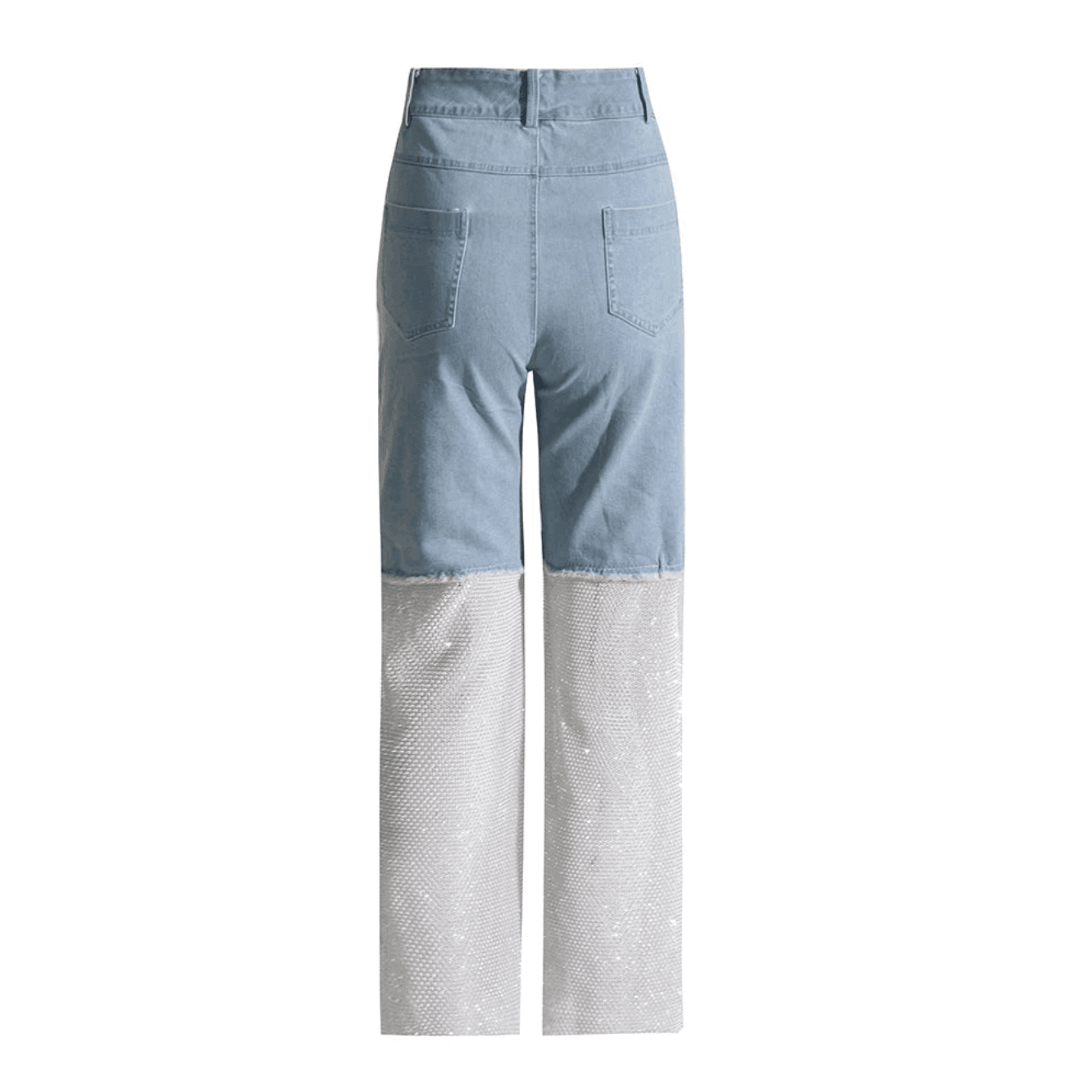 High-waisted jeans with sequined mesh lower legs.