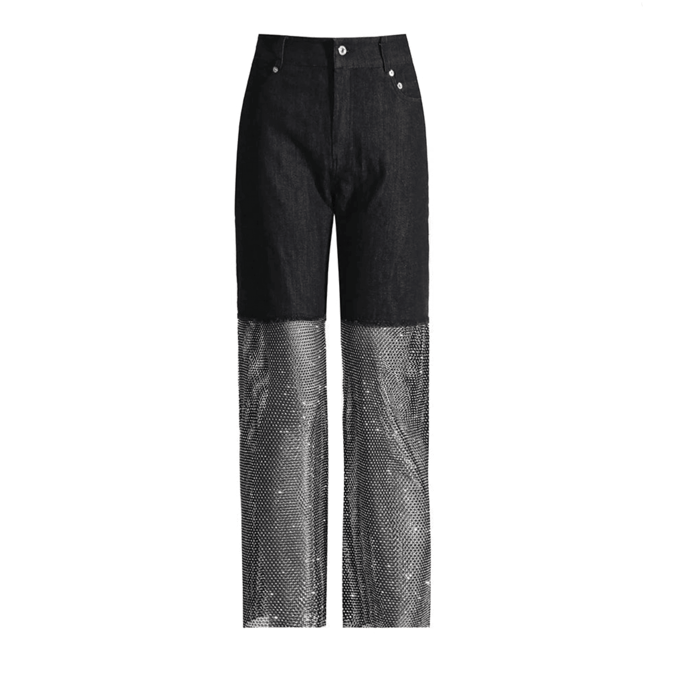 Black jeans featuring diamond mesh panels, high-waisted style for a trendy, urban look. Perfect for a night out.