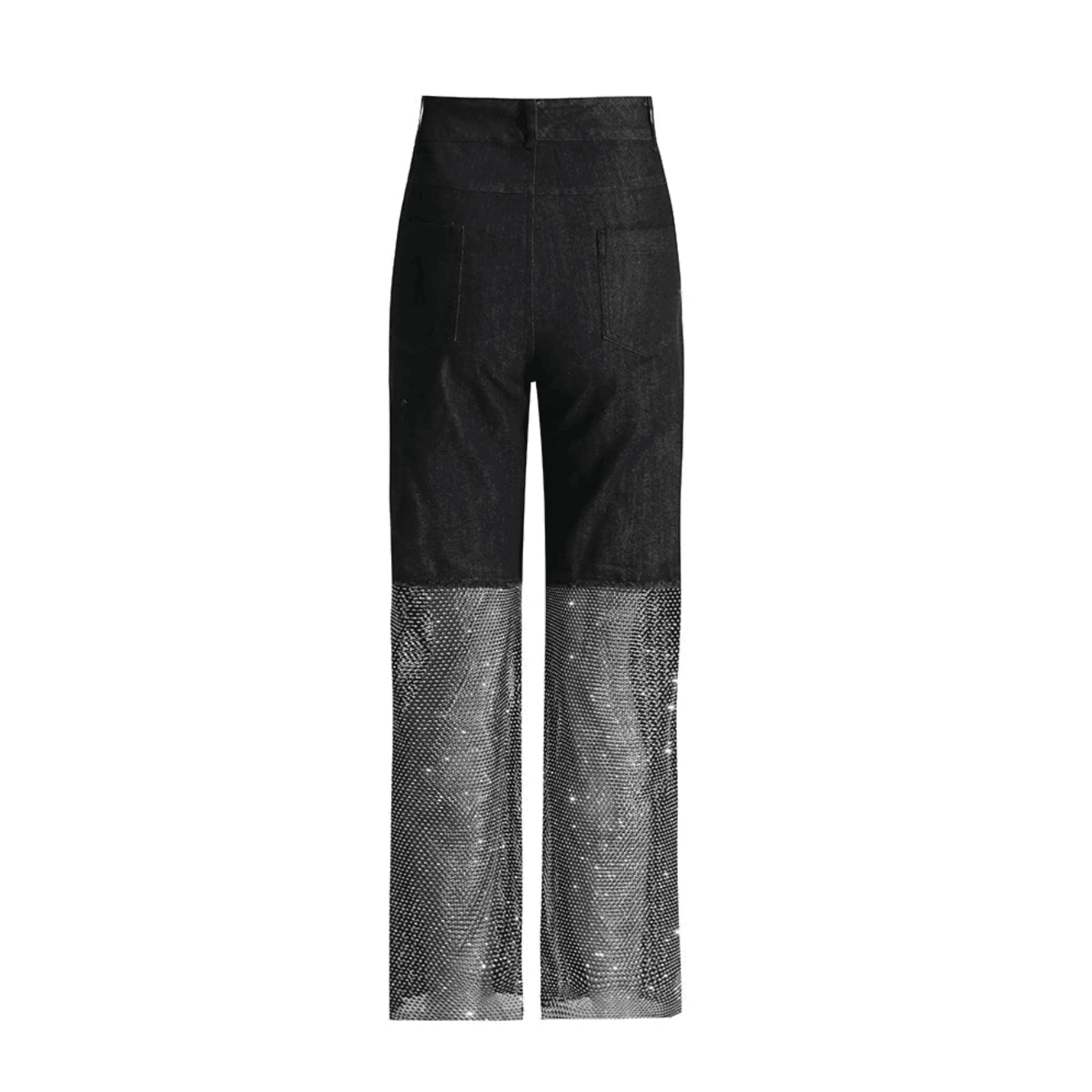 black wide-leg pants with mesh sequin detailing, party outfit