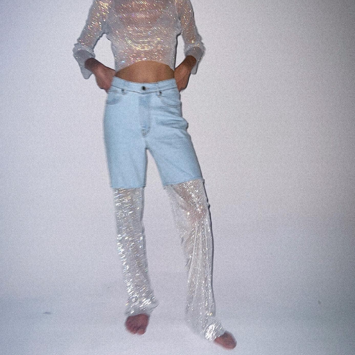 glitter mesh top and rhinestone embellished pants, party outfit