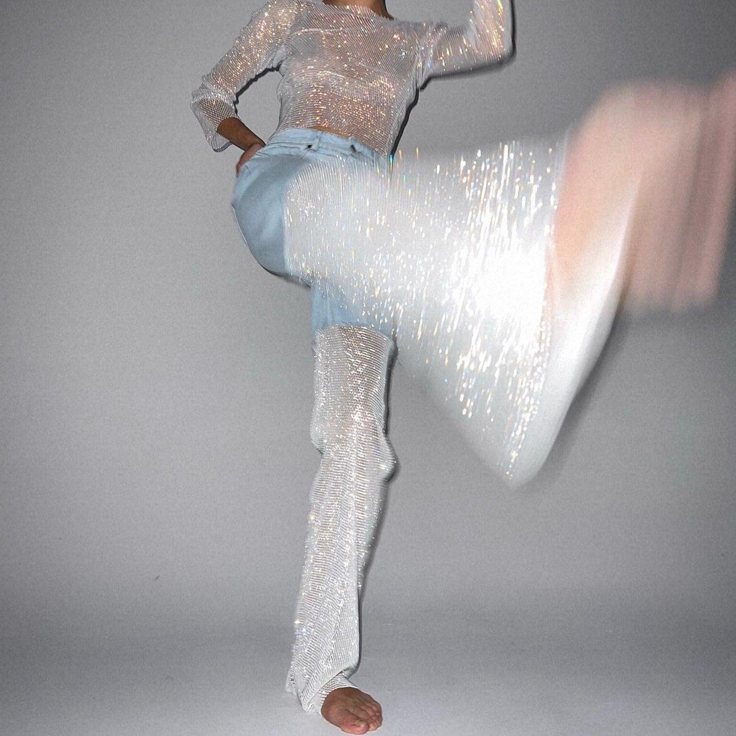 rhinestone mesh top and matching sparkly pants, party outfit