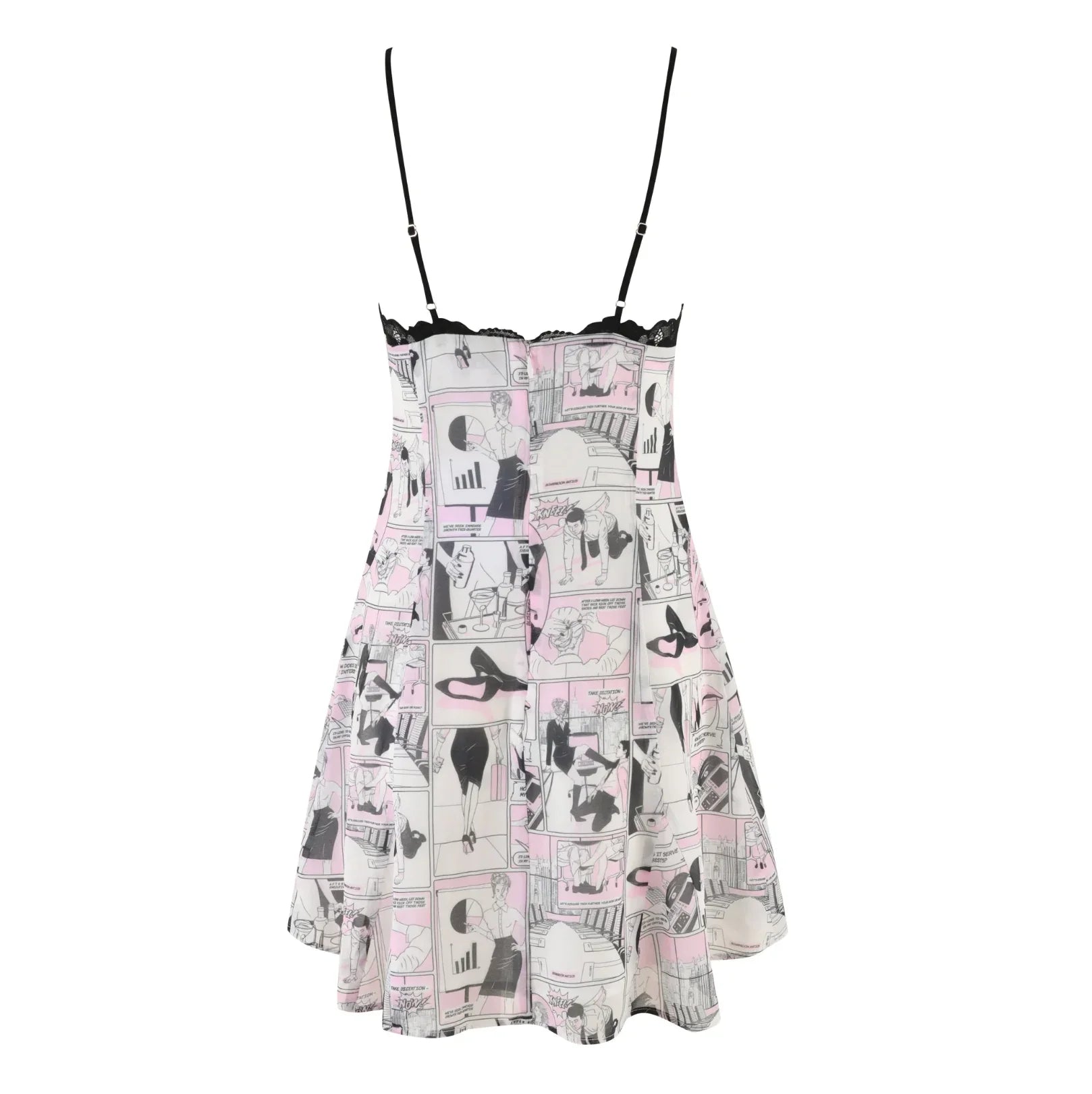 comic strip print mini dress with spaghetti straps, casual style