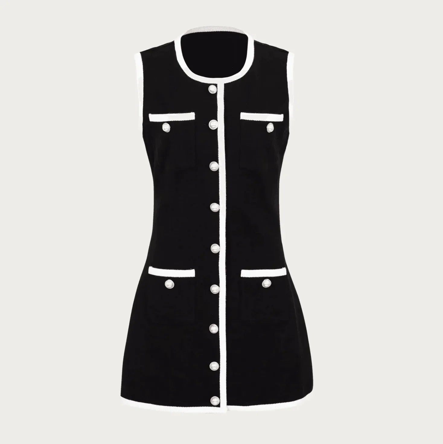 black sleeveless button-up mini dress with contrast trim