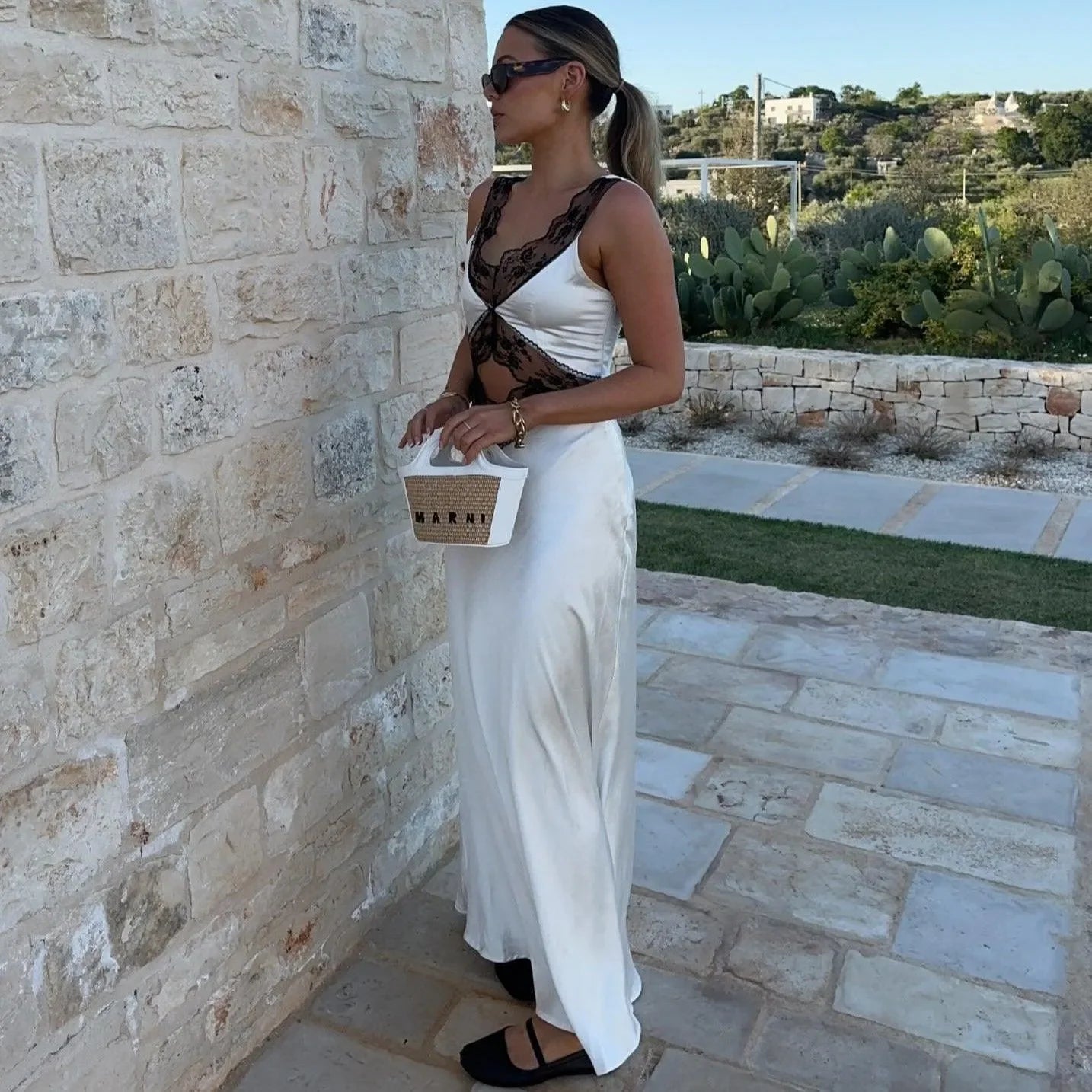 lace-trim satin maxi dress, evening look
