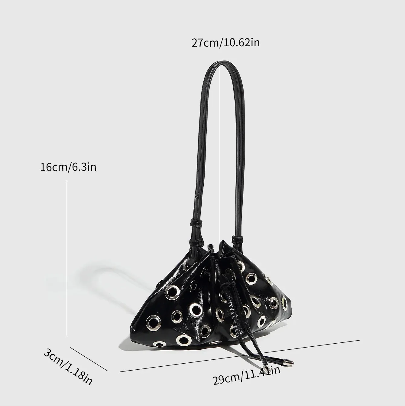 black drawstring bag with grommet detailing, party accessory