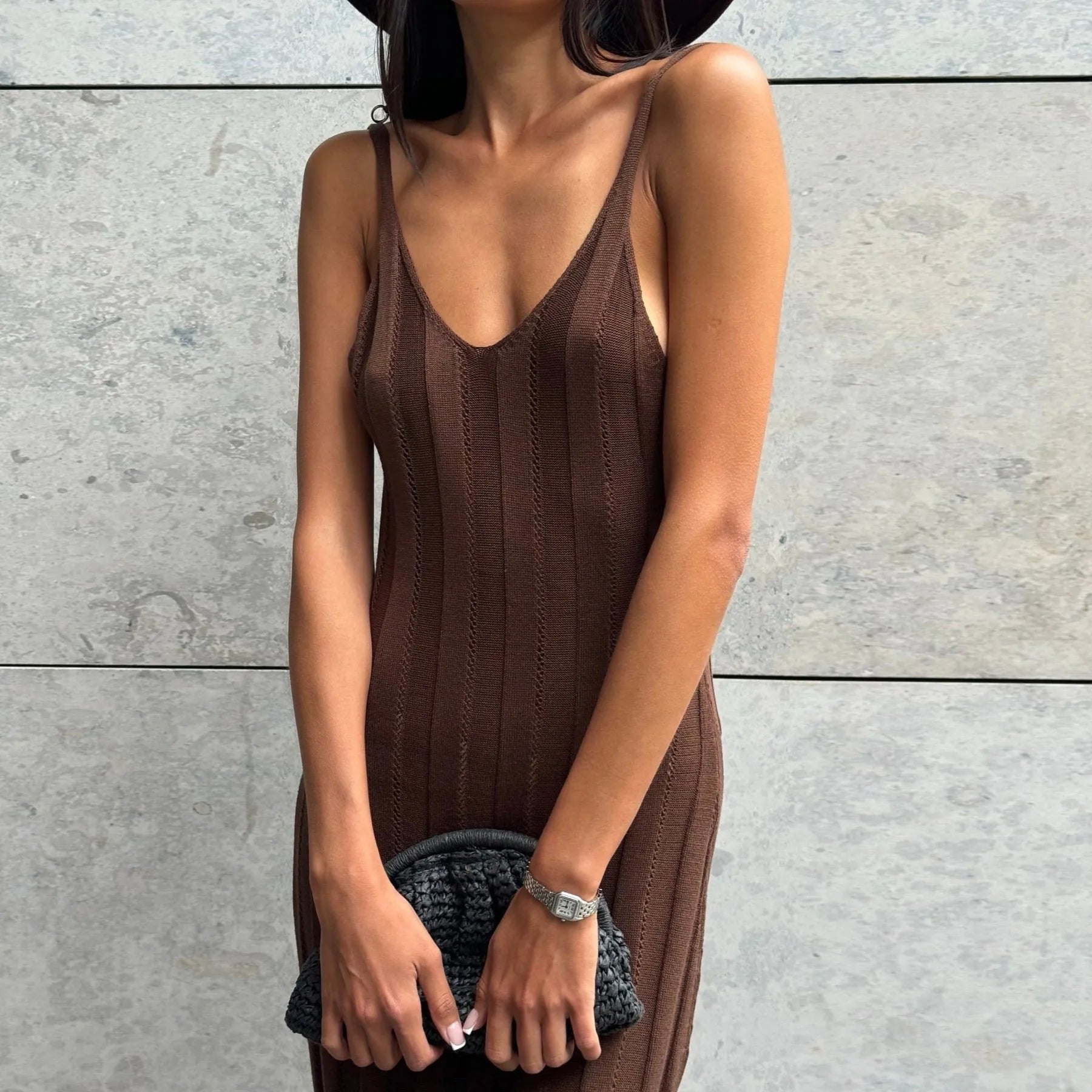 brown knit bodycon midi dress with spaghetti straps, casual outing