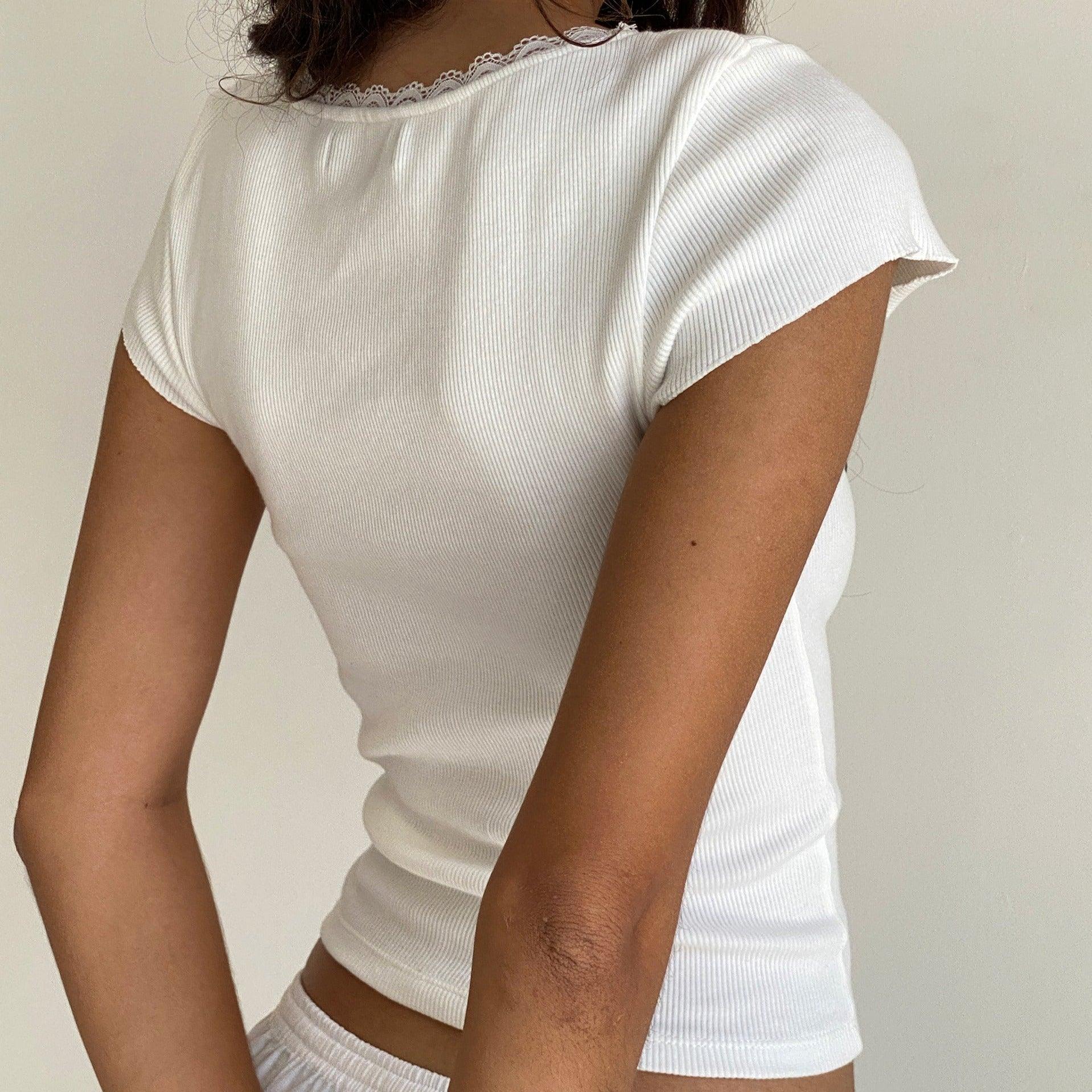 ribbed white t-shirt with lace trim neckline