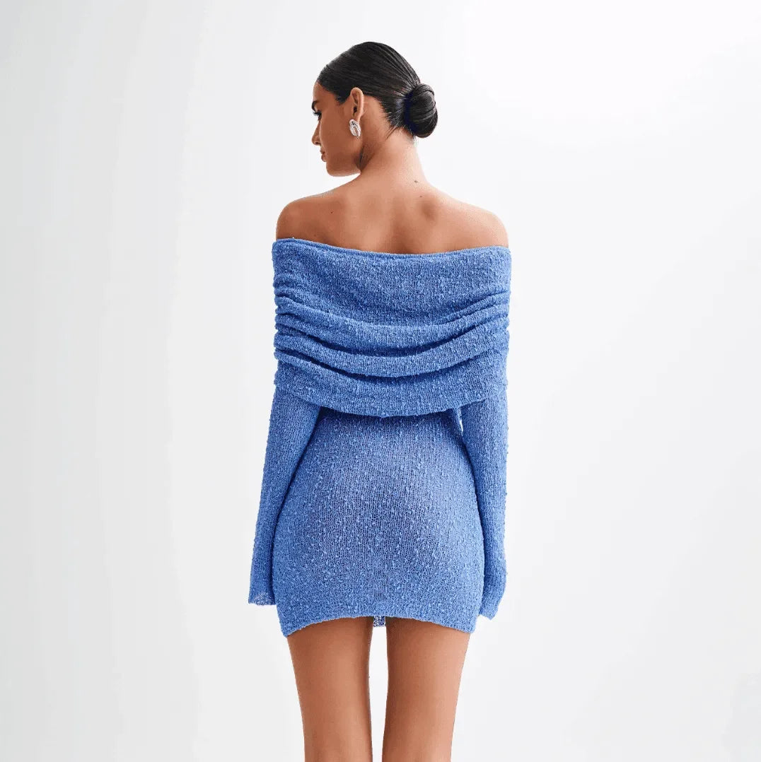 Blue boucle mini dress with off-shoulder design and ruched sleeves, perfect for an elegant evening look.
