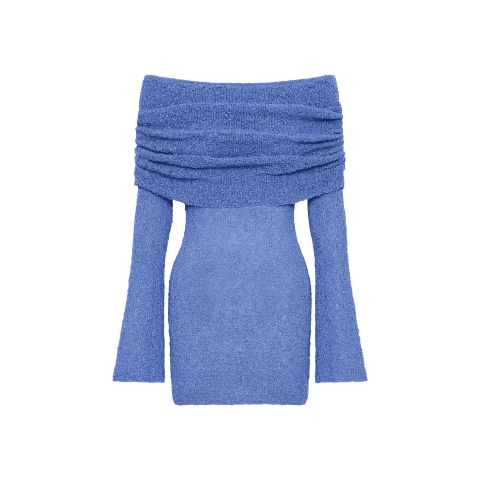 Off-shoulder blue boucle mini dress with a ruched bodice and flared long sleeves, perfect for a chic night out.