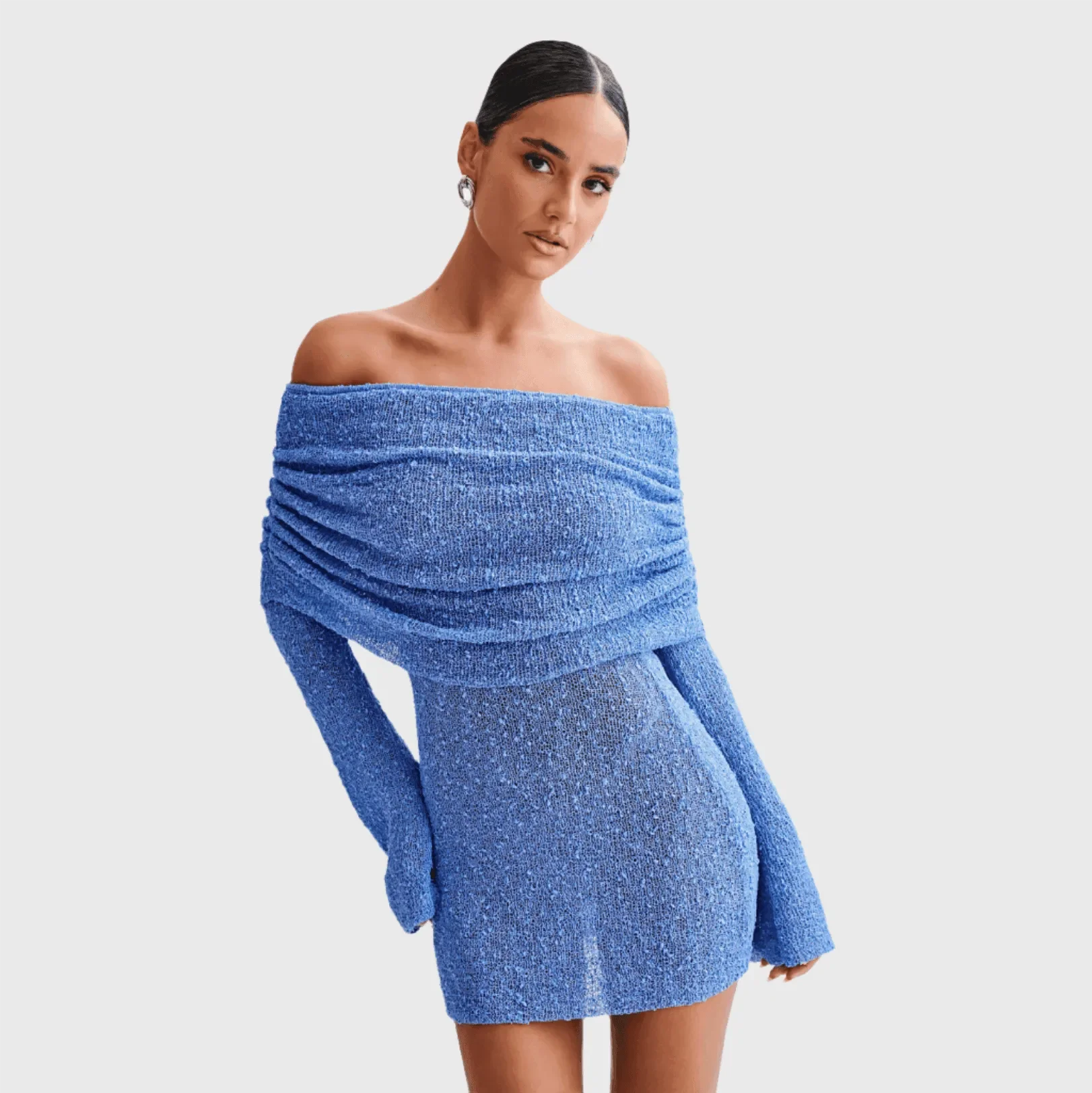 Blue boucle mini dress with off-shoulder draping and long sleeves, perfect for a night out or special occasion.