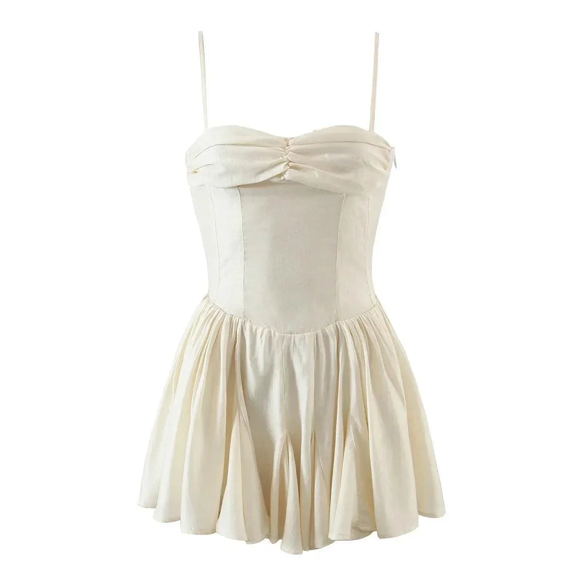 Cream mini dress with a sweetheart neckline, ruched detailing, and a flared skirt, perfect for summer outings.