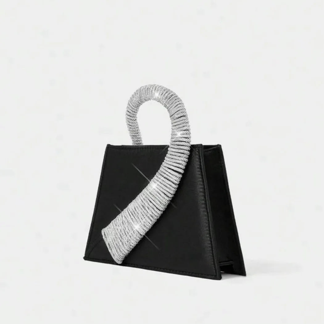 black handbag with crystal embellished handle, evening accessory