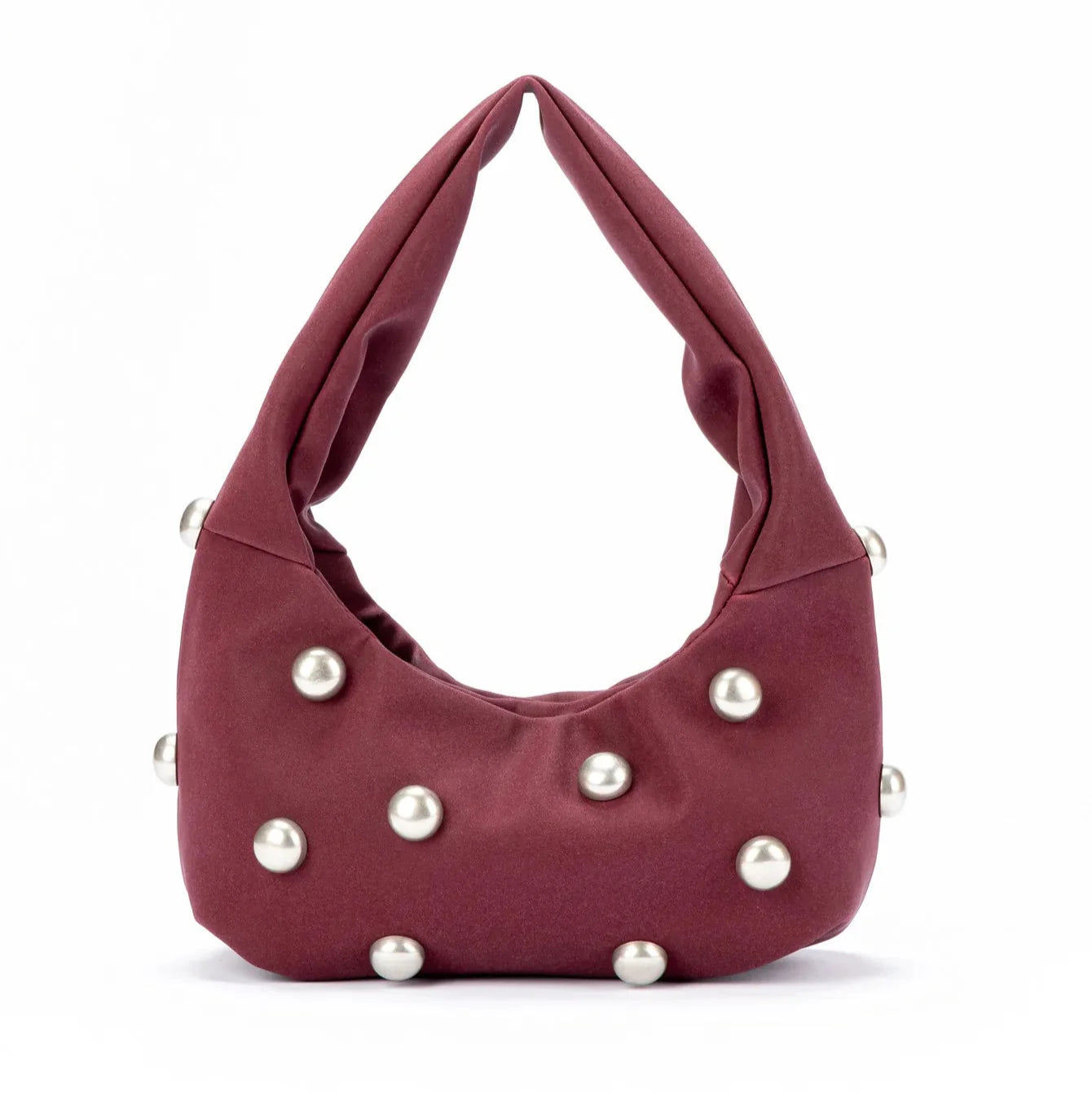 burgundy handbag with pearl embellishments