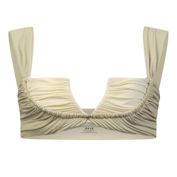 Ruched bikini top in sandy beige, featuring wide straps and a deep V-neck, perfect for beach outings.