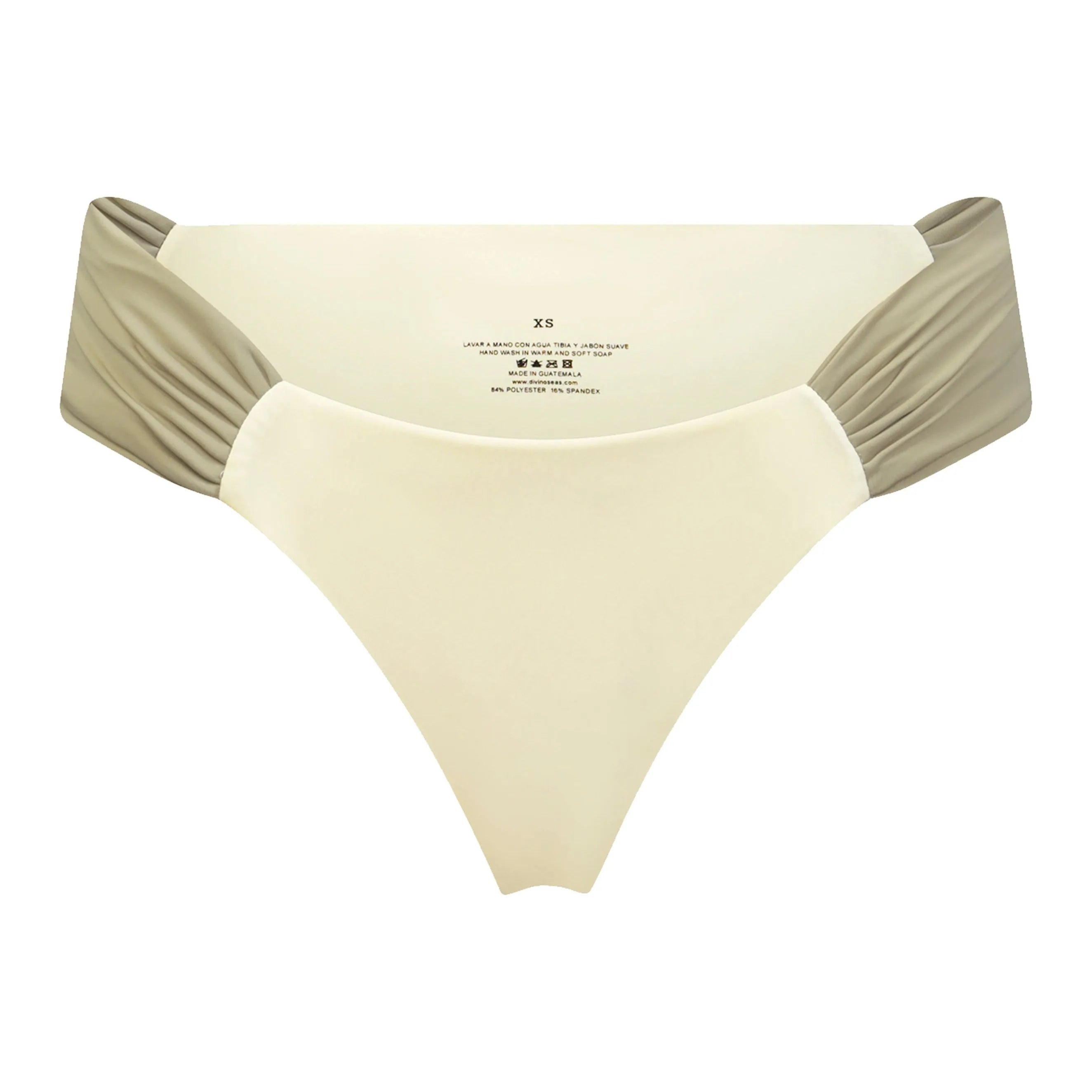 Ruched bikini bottom in cream and taupe, featuring side draping and a flattering fit for a chic beachlook.