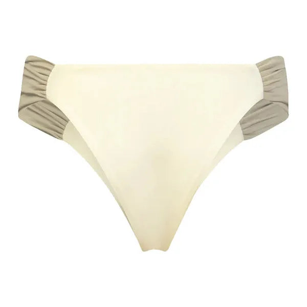 Cream-colored bikini bottom with ruched gray side panels, styled for a flattering, comfortable fit. Perfect for beachwear.