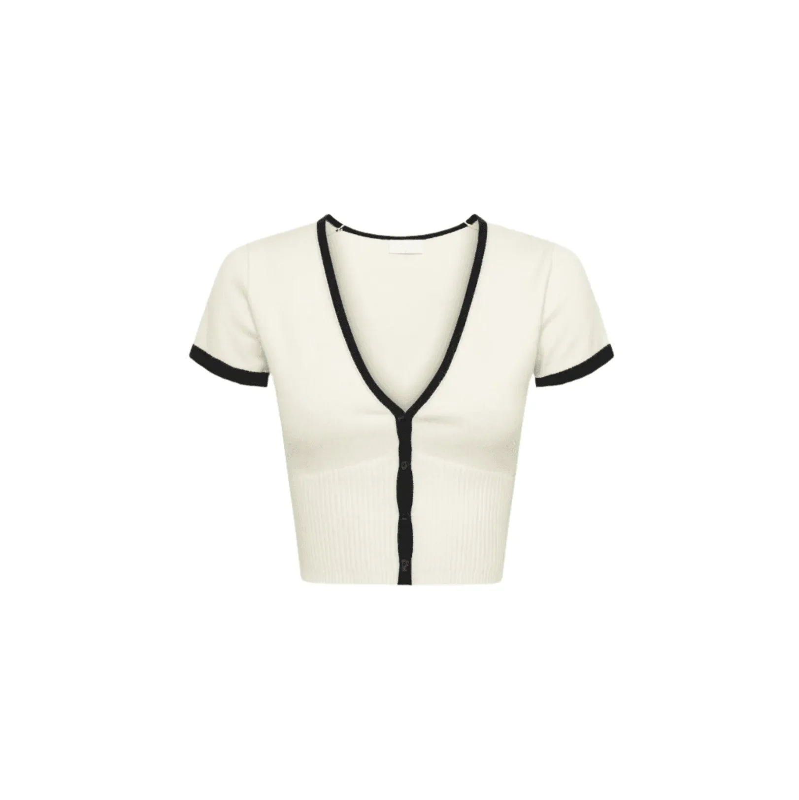 Contrast knit two-piece set featuring a cream cropped top with black trim and short sleeves, styled for a chic, casual look.