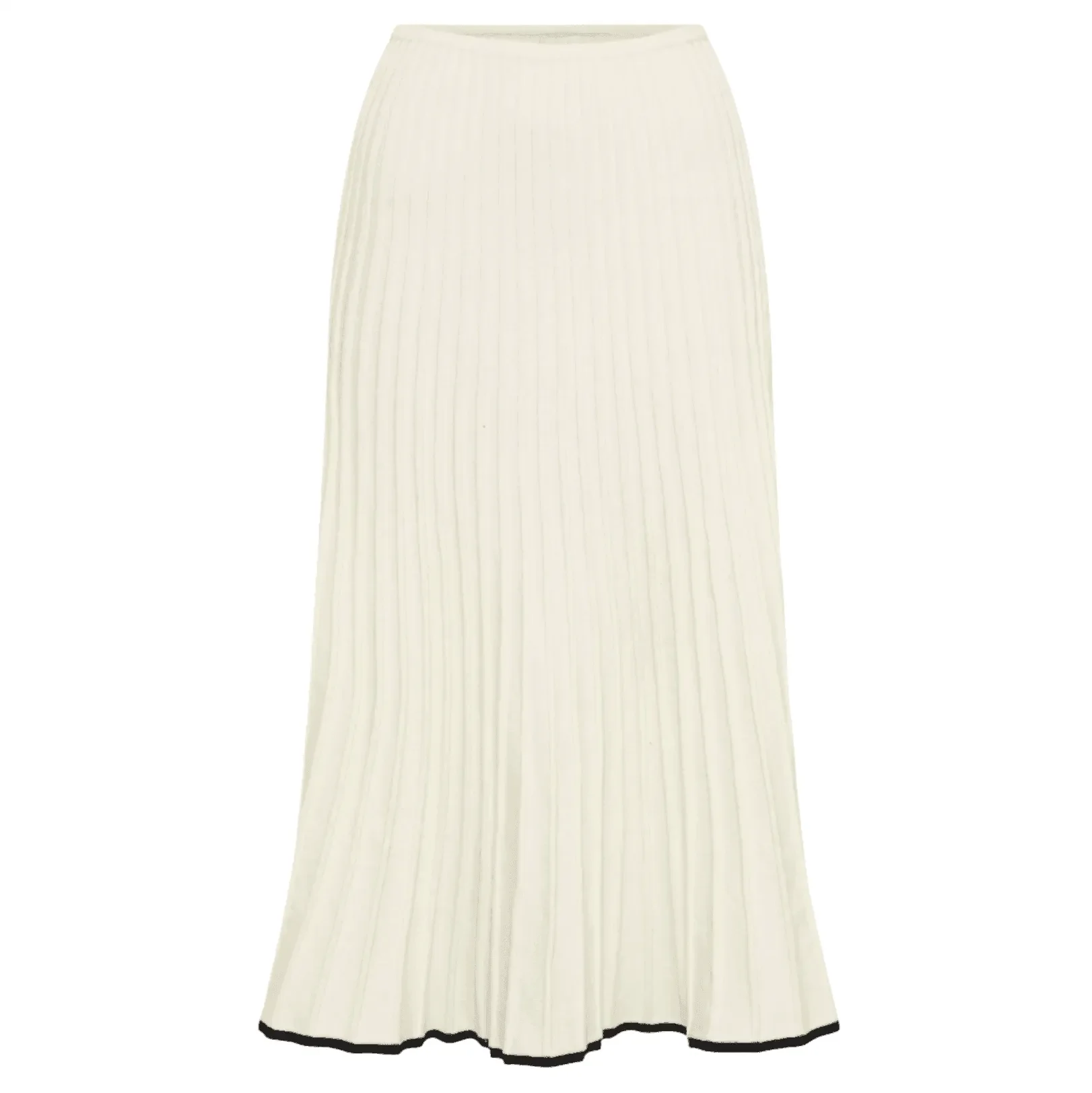 Cream maxi skirt with ribbed texture and contrasting black hem, styled for a chic, casual outfit.