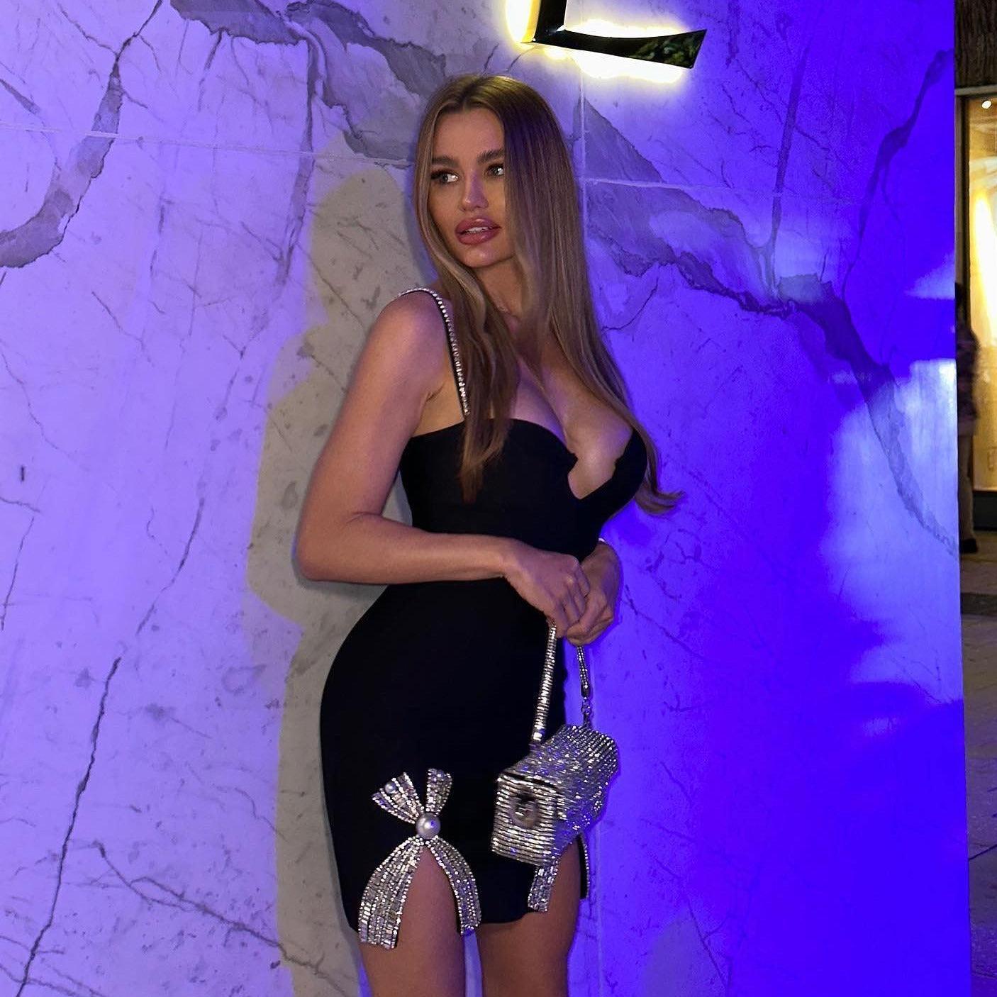 strapless bodycon mini dress with rhinestone embellishments and matching handbag, party outfit