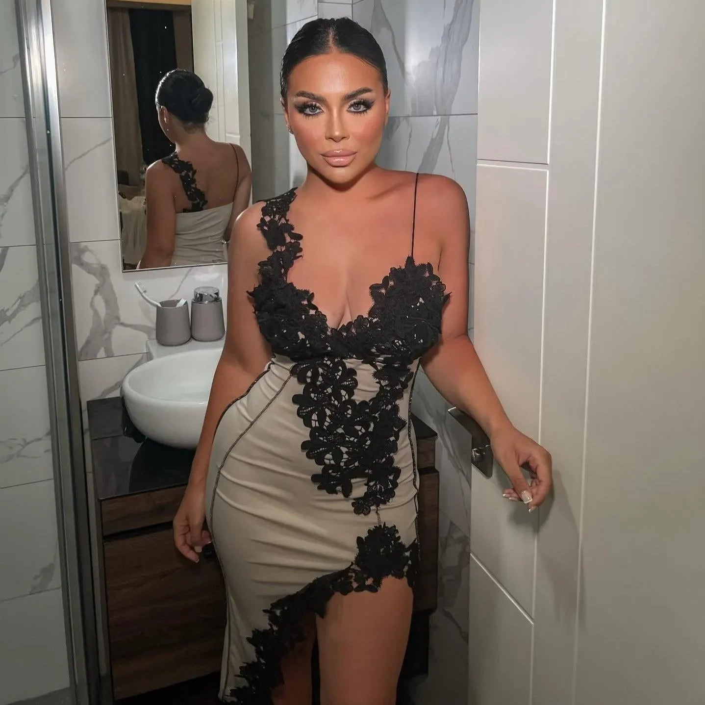 lace applique one-shoulder mini dress, evening wear