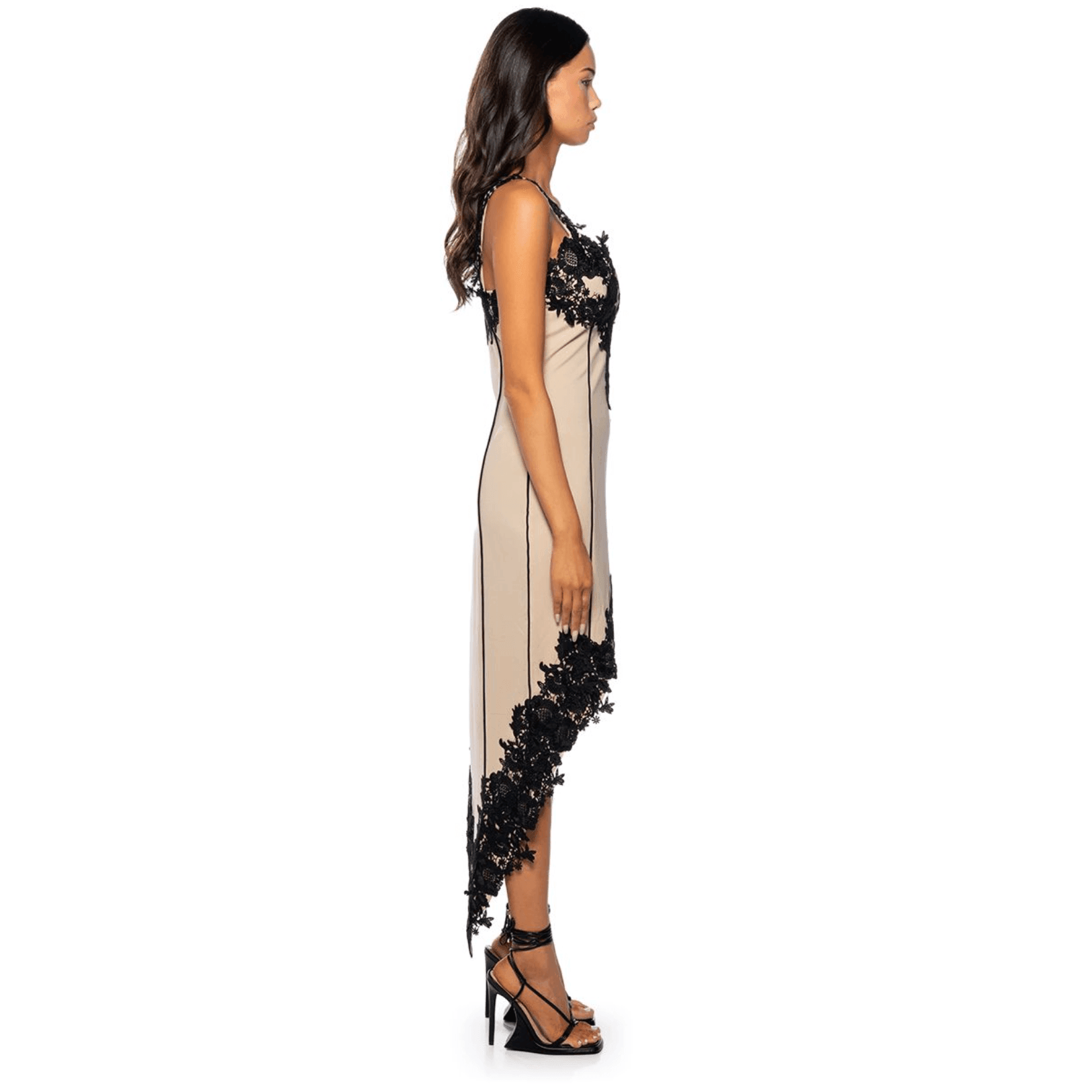 lace-trimmed asymmetrical midi dress, evening wear