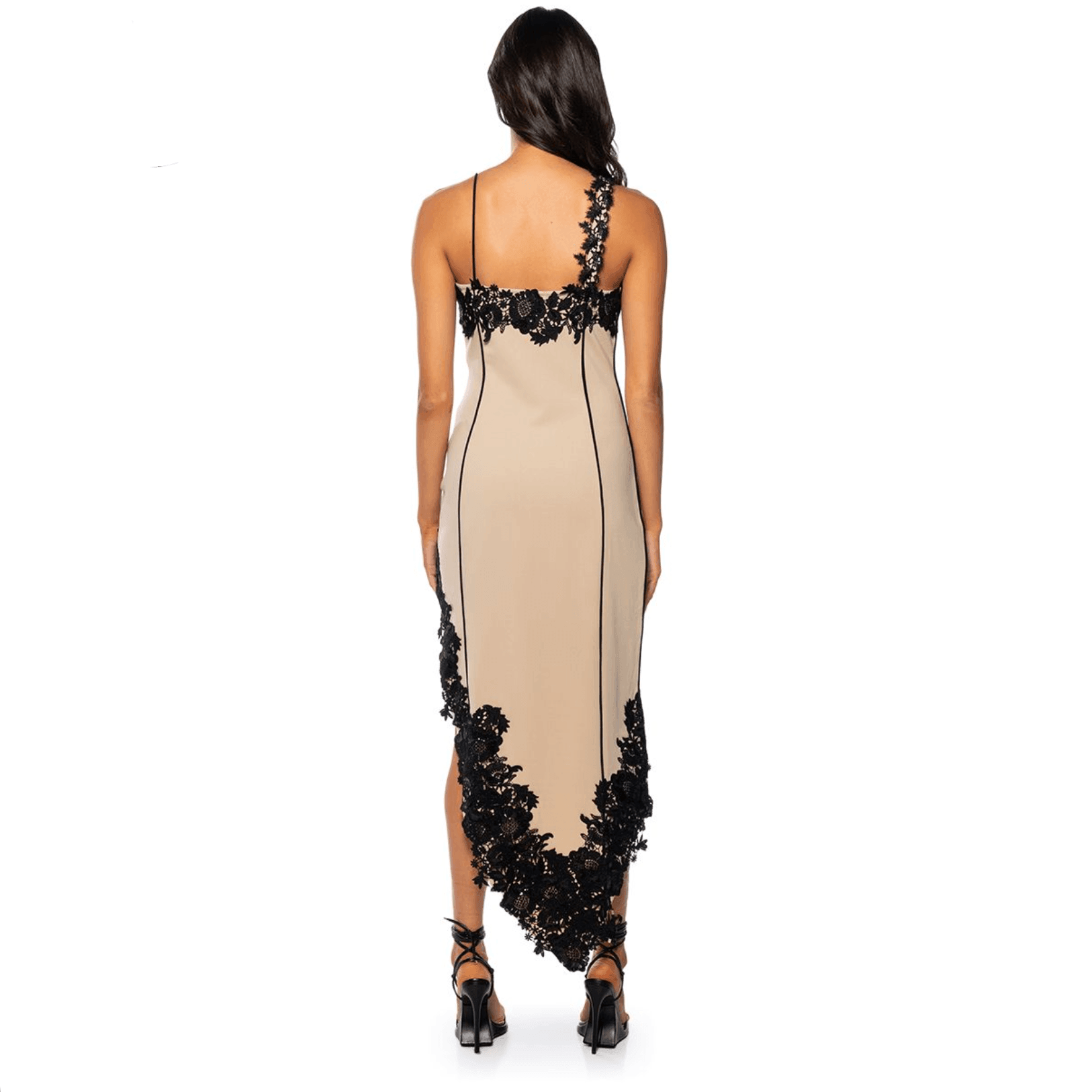 lace-trimmed asymmetrical midi dress, evening wear