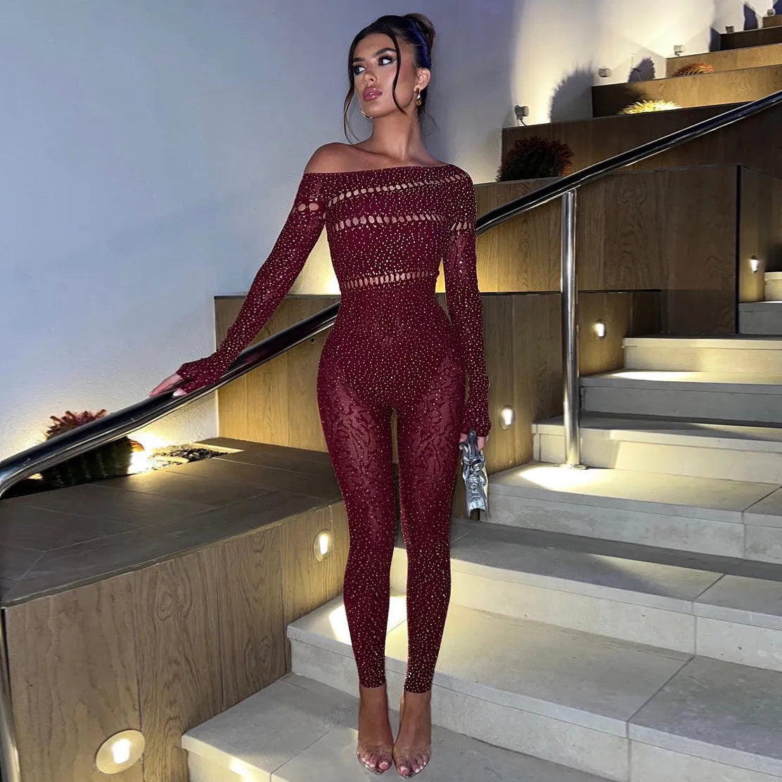Perfectly Imperfect Rhinestone Embellished Jumpsuit - Burgundy / XXS - Mermaid Way