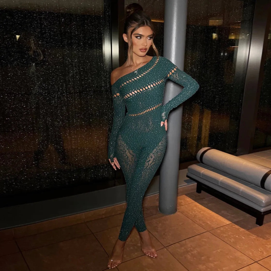 Perfectly Imperfect Rhinestone Embellished Jumpsuit - Dark Green - Mermaid Way