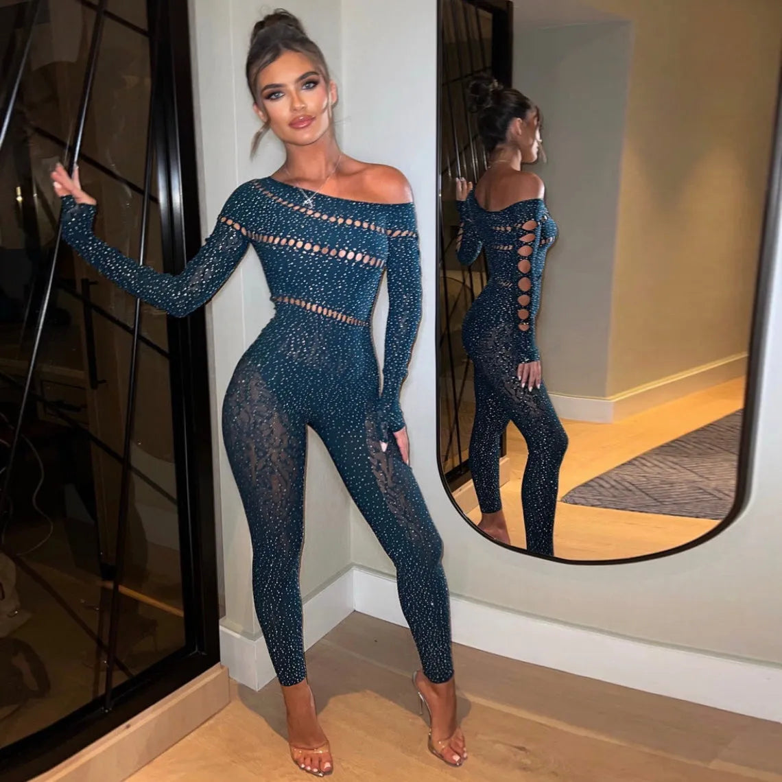 Perfectly Imperfect Rhinestone Embellished Jumpsuit - Dark Blue - Mermaid Way