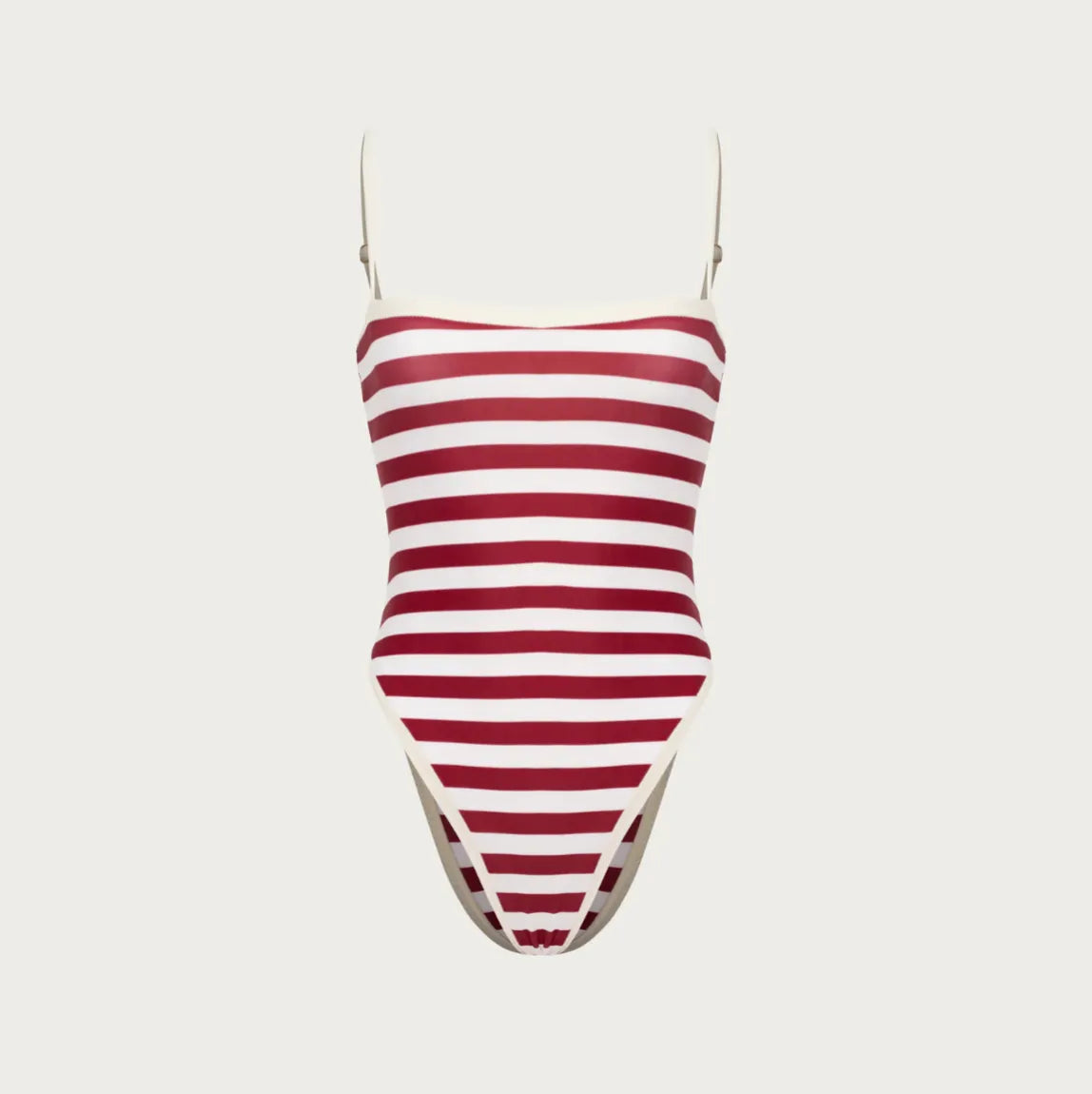 Red and white striped one-piece swimsuit with adjustable spaghetti straps and a high-cut leg for a flattering fit.