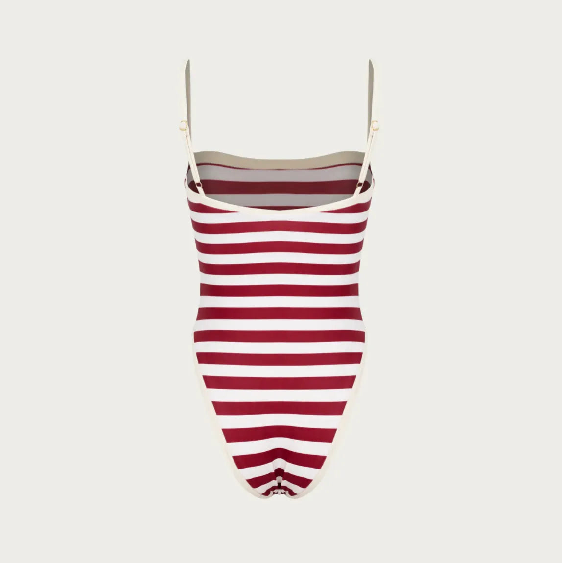 Red and white striped one-piece swimsuit with adjustable straps, perfect for stylish beach outings.
