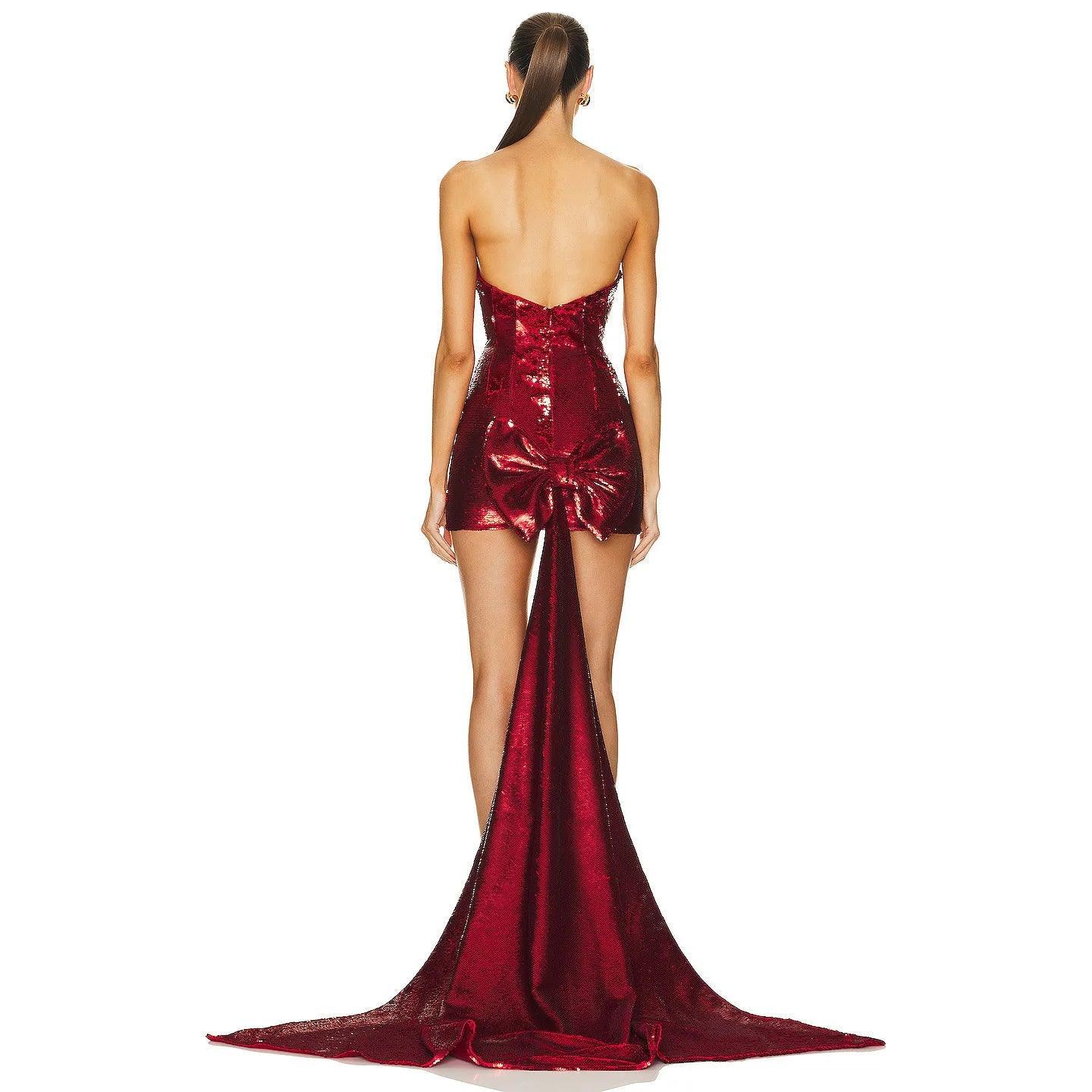strapless sequin mini dress with bow and train, evening wear