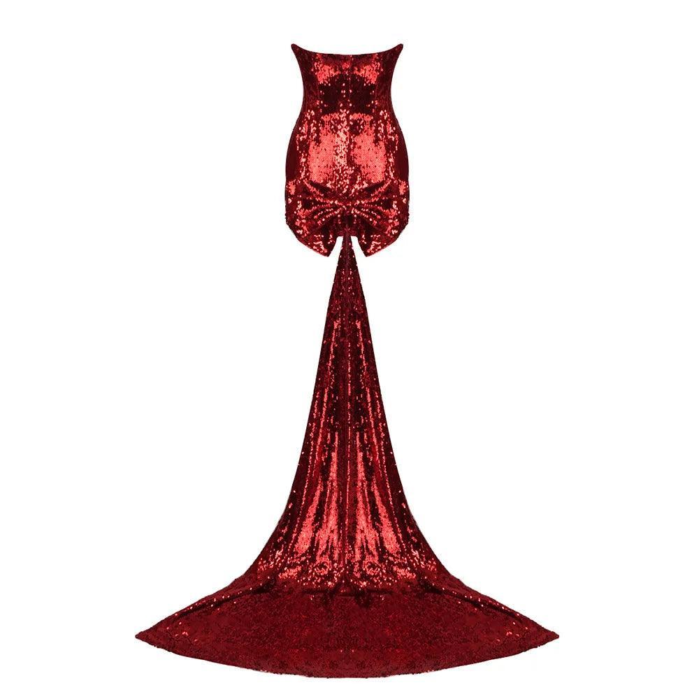 red sequin bodycon gown with long train, evening wear