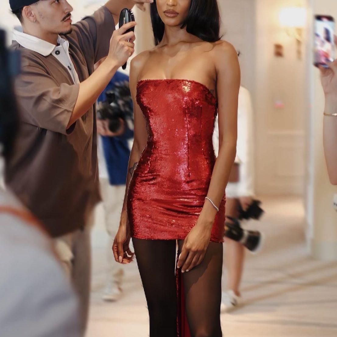 red sequin strapless mini dress, party outfit