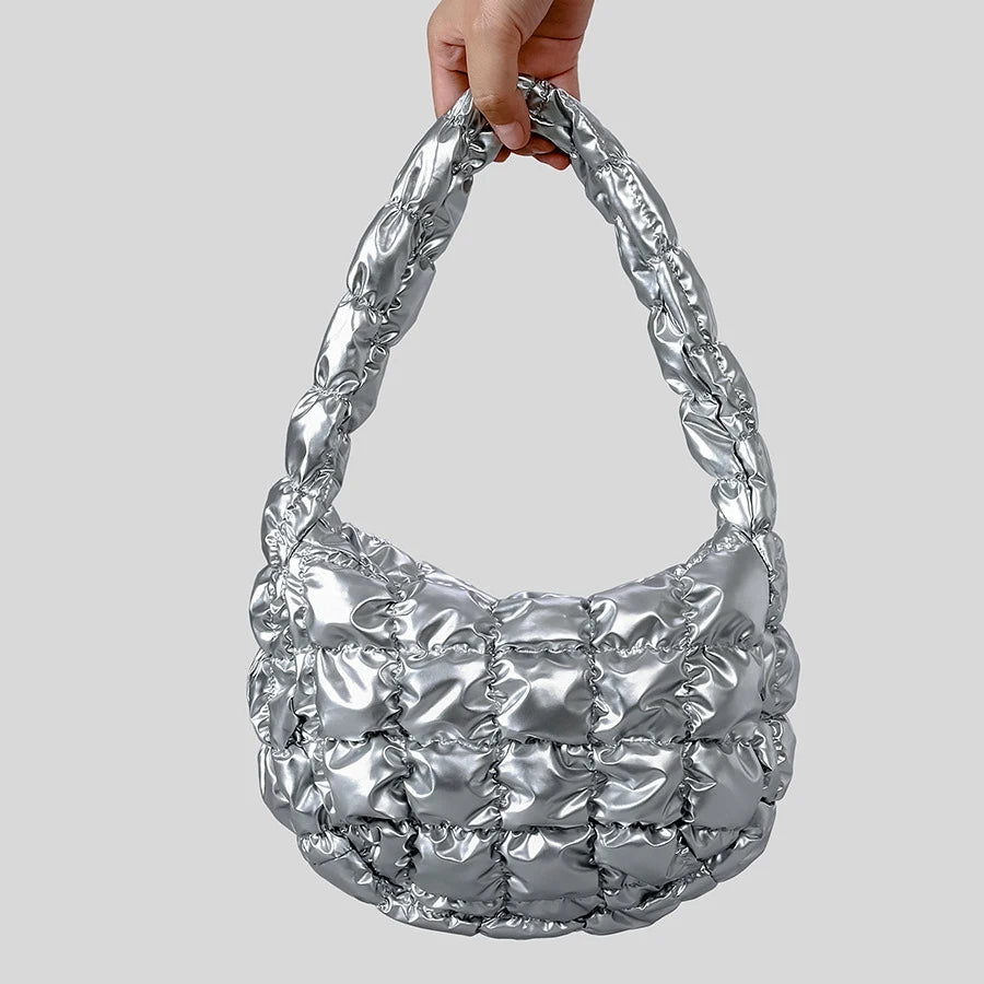 Pufira Ruched Quilted Hobos Shoulder Bag - Silver- Mermaid Way